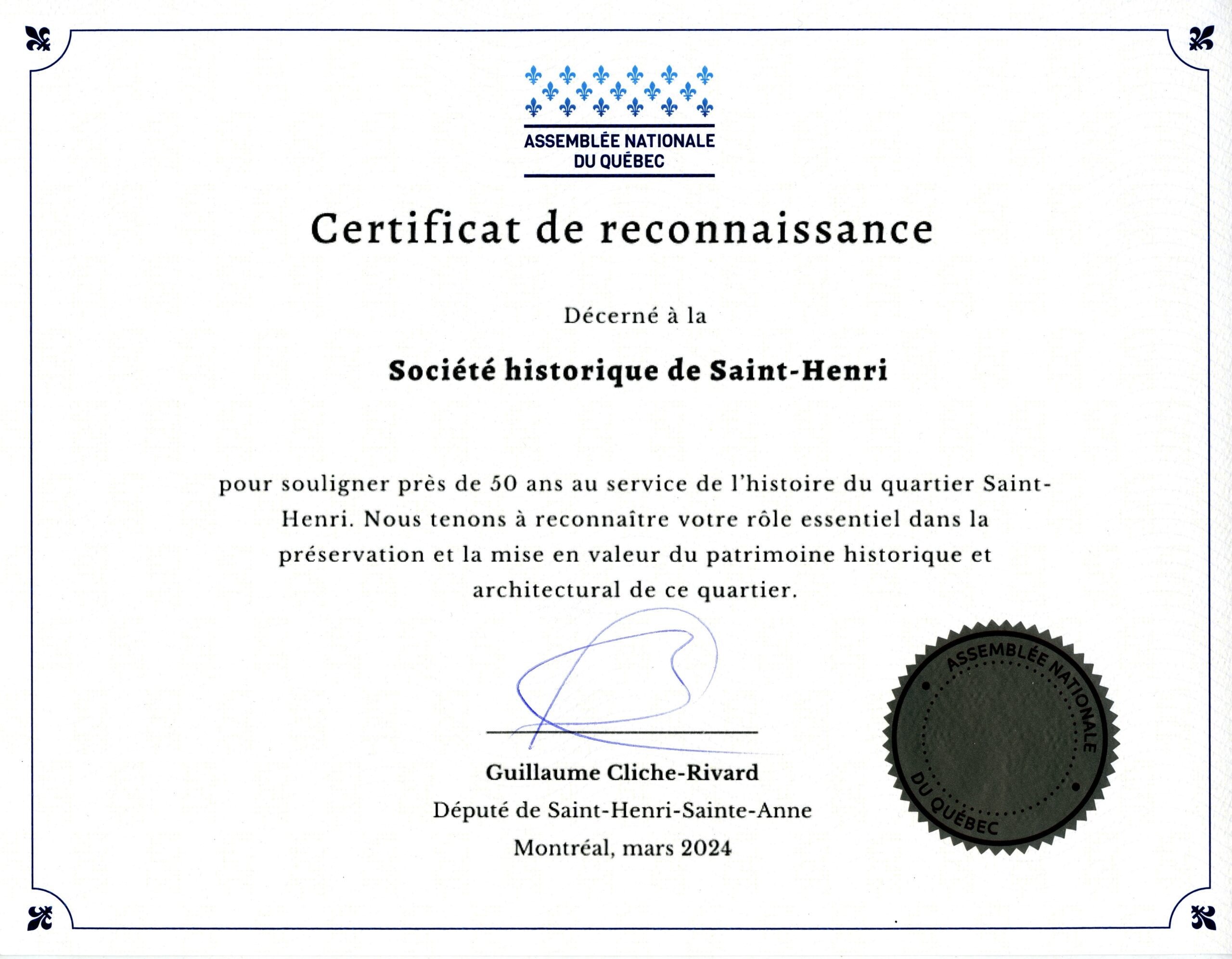 Certificats remis par le député Cliche-Rivard